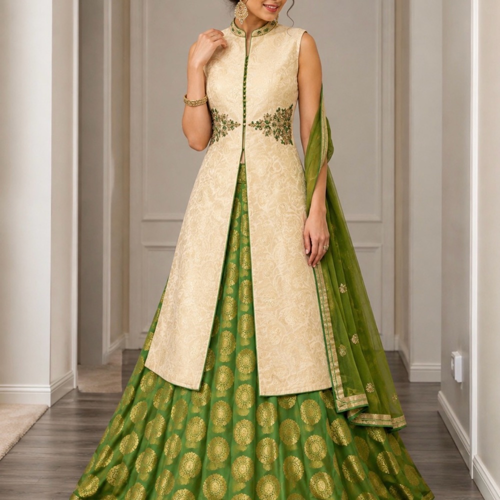 Cream Embroidered Long Jacket Green Indian Pakistani lehenga saree
